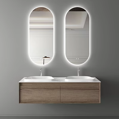 Modern Bathroom Vanity With Double Sinks Wooden Cabinet And Backlit Oval Mirrors 3d model