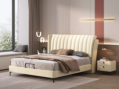 Beige Padded Headboard Double Bed in Modern Bedroom With Nightstand Decorative Lights And Window 3d model