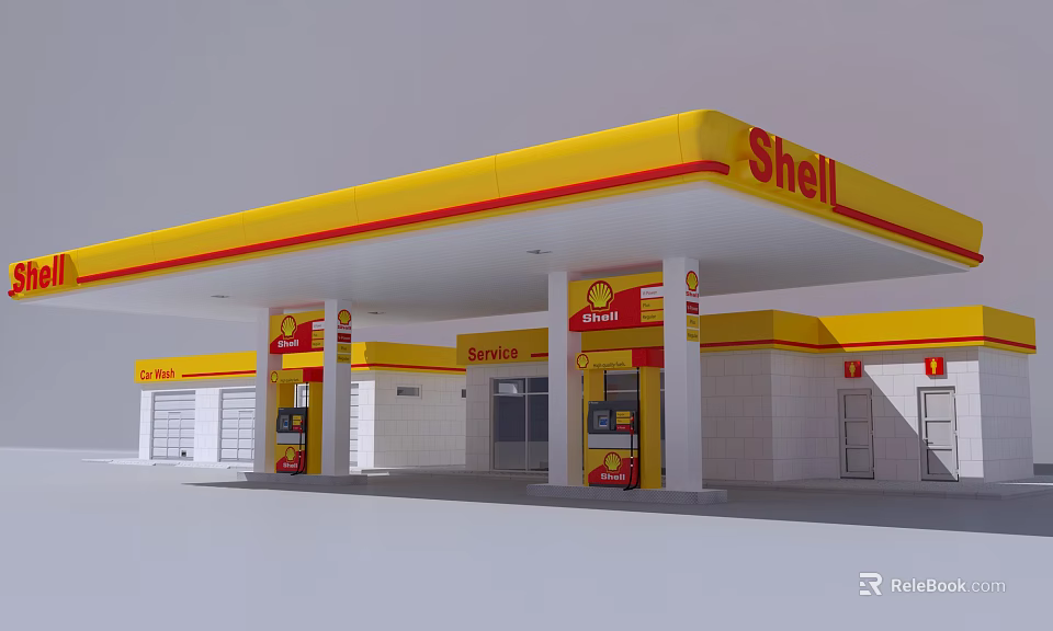 Shell Gas Station Exterior With Yellow Red Canopy And Fuel Pumps 3d model 