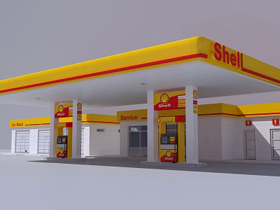 Shell Gas Station Exterior With Yellow Red Canopy And Fuel Pumps 3d model