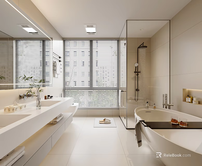 Modern Bathroom Interior With Double Vanity Sinks Freestanding Bathtub And Glass Shower 3d model 