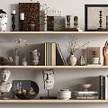 Stylish Decorative Ornament Set On Wooden Shelves With Busts Vases Candles Books And Dried Flowers