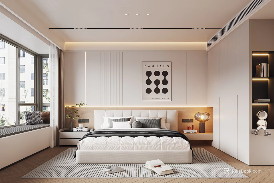 Modern Minimalist Bedroom Interior Design With White Bed Geometric Artwork Patterned Rug And Table Lamp 3d model 