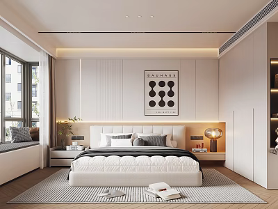 Modern Minimalist Bedroom Interior Design With White Bed Geometric Artwork Patterned Rug And Table Lamp 3d model