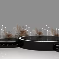 Black Circular Stage Design With White Lighting And Dried Plant Decorations