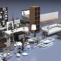 Modern Home Furniture And Decor Elements Including Sofa Bookshelf Table Lamp And Plant