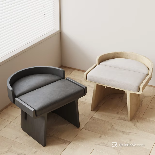 Modern Dark Gray And Light Wooden Stools With Padded Seats Backrests Near Window Wooden Floor 3d model 