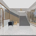 Modern Entrance Hall With Wooden Decor Mirrors Colorful Terrazzo Floor Sofa And Display Cases
