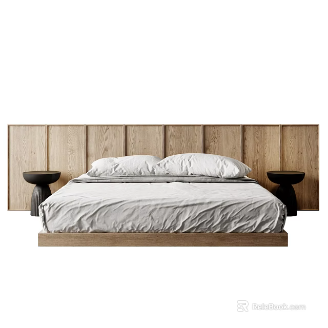 Modern Double Bed with Wooden Headboard White Pillows and Black Side Tables 3d model 