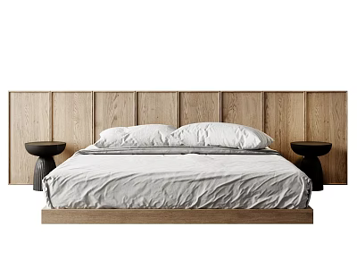 Modern Double Bed with Wooden Headboard White Pillows and Black Side Tables 3d model