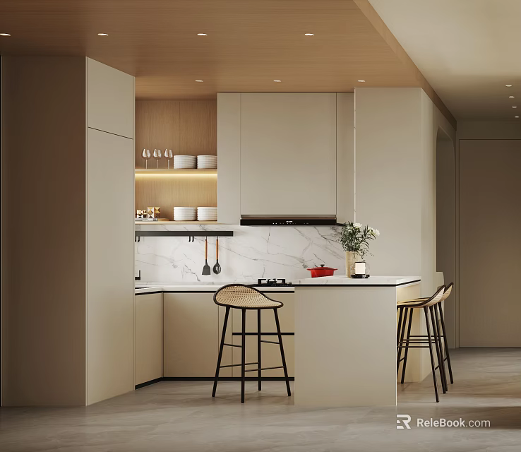 Modern Dining Living Room Interior With Open Design Island Counter And Bar Stools 3d model 
