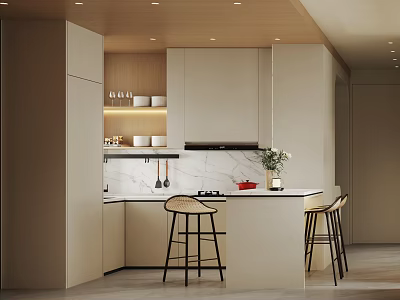 Modern Dining Living Room Interior With Open Design Island Counter And Bar Stools 3d model