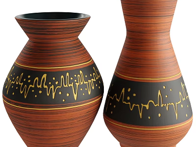 Artistic Ceramic Vases With Brown Woodgrain Texture And Gold Decorative Patterns 3d model