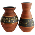 Artistic Ceramic Vases With Brown Woodgrain Texture And Gold Decorative Patterns