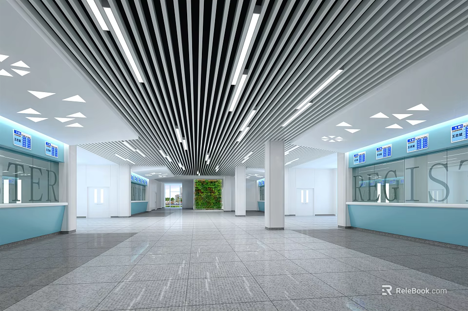 Modern Spacious Hall Interior Featuring Striped Ceiling Lighting Blue Counter And Green Plant Wall 3d model 