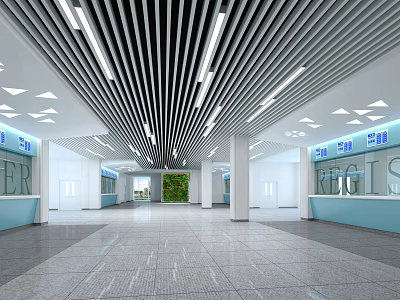 Modern Spacious Hall Interior Featuring Striped Ceiling Lighting Blue Counter And Green Plant Wall 3d model