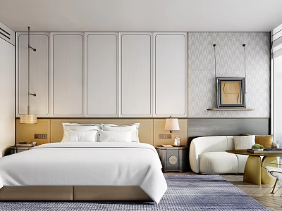 Elegant Hotel Room Interior With King Bed White Linens Decorative Wall And Sofa 3d model