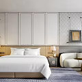 Elegant Hotel Room Interior With King Bed White Linens Decorative Wall And Sofa