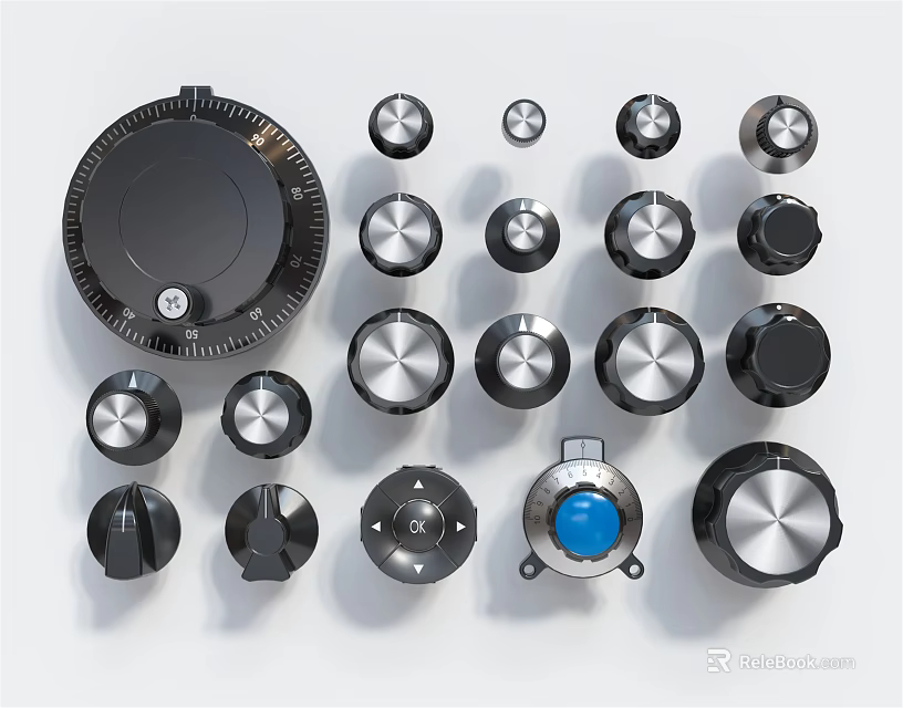 Stylish Switch Panels Featuring Various Black Silver Knobs and Blue Button Design 3d model 