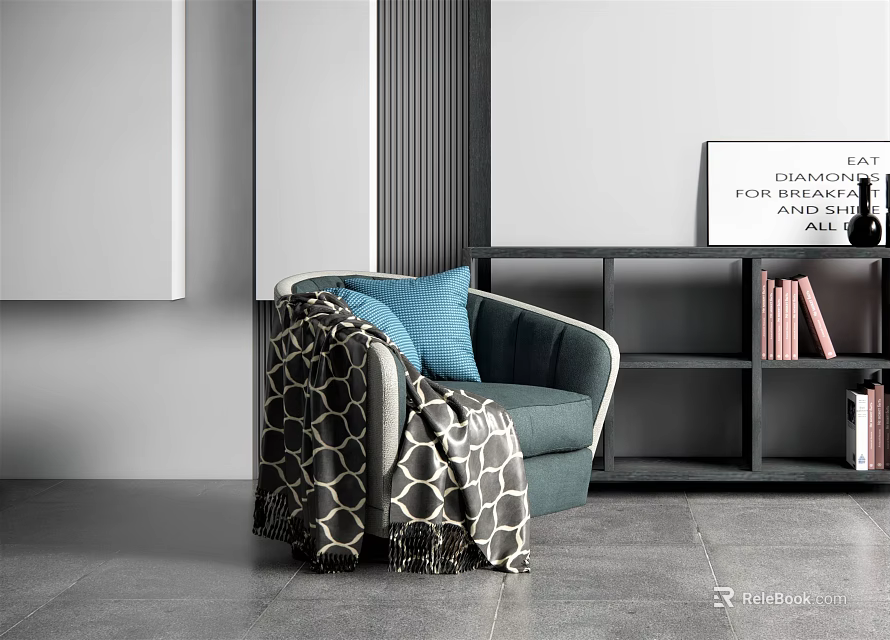 Single Sofa with Blue Cushion and Geometric Blanket in Modern Room Gray Wall Black Bookshelf 3d model 