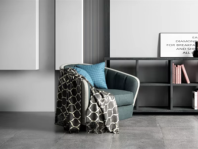 Single Sofa with Blue Cushion and Geometric Blanket in Modern Room Gray Wall Black Bookshelf 3d model