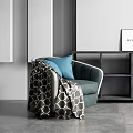 Single Sofa with Blue Cushion and Geometric Blanket in Modern Room Gray Wall Black Bookshelf