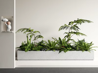 Minimalist Indoor Landscape with Green Ferns White Rectangular Planter and Small Wall Decor 3d model