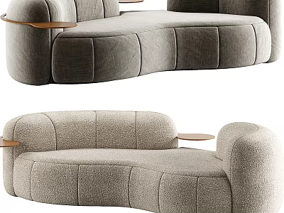 Modern Curved Sectional Sofa With Gray Fabric Upholstery And Wooden Side Tables 3d model