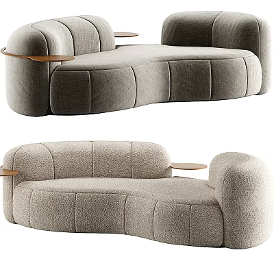 Modern Curved Sectional Sofa With Gray Fabric Upholstery And Wooden Side Tables 3d model