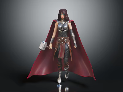 Mythical Female Warrior In Silver Armor With Red Cape Holding Hammer Standing Pose 3d model