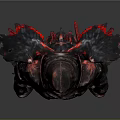 Armored Figure With Red Accents And Tattered Wings On Dark Background