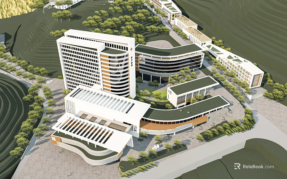 Modern Hospital Building Complex with Contemporary Architecture Green Landscaped Surroundings and Curved Roof Design 3d model 