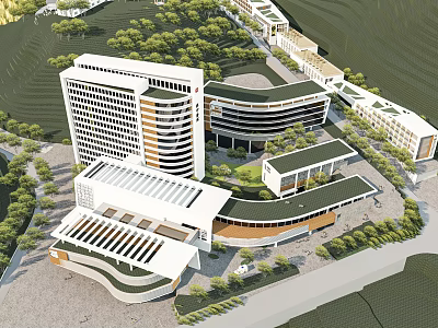 Modern Hospital Building Complex with Contemporary Architecture Green Landscaped Surroundings and Curved Roof Design 3d model