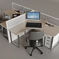 Modern Office Desk And Chair Set With Partition Drawers And Computer