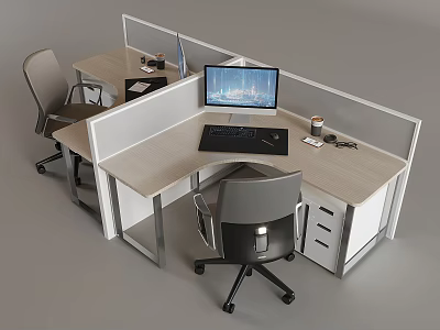 Modern Office Desk And Chair Set With Partition Drawers And Computer 3d model