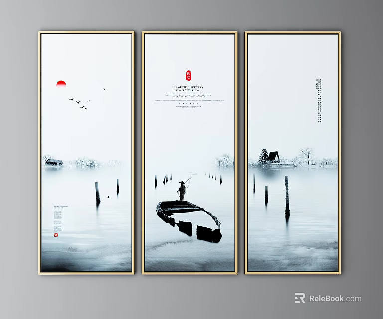 Traditional Chinese Ink Landscape Painting With Red Sun Fisherman Boat Birds And Trees 3d model 