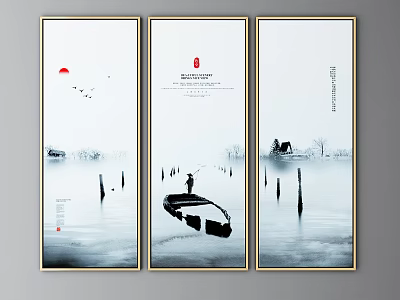 Traditional Chinese Ink Landscape Painting With Red Sun Fisherman Boat Birds And Trees 3d model