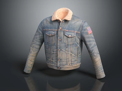 Classic Distressed Denim Jacket with Sherpa Collar and American Flag Patch 3d model