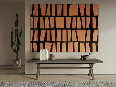 Abstract Painting With Orange Black Geometric Shapes By Cactus Table With Books Pot Small Plant 3d model
