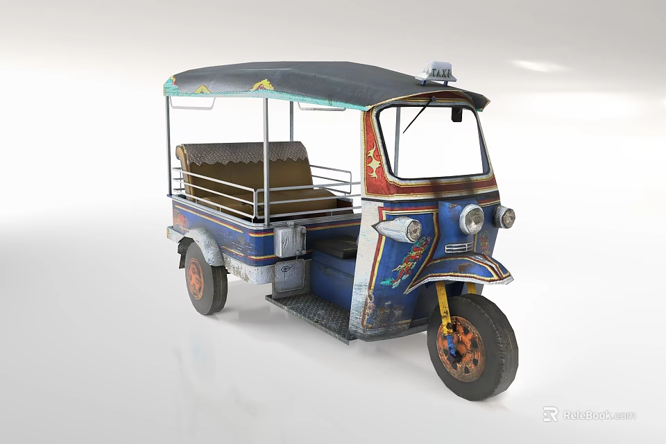 Vintage Tuk Tuk Motorcycle With Blue Body Decorative Canopy Roof And Brown Seats 3d model 