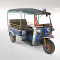 Vintage Tuk Tuk Motorcycle With Blue Body Decorative Canopy Roof And Brown Seats
