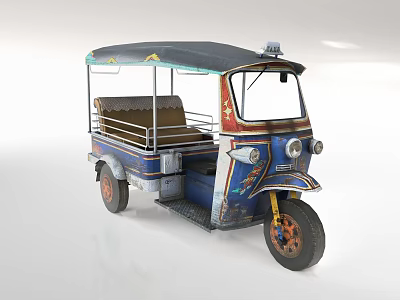 Vintage Tuk Tuk Motorcycle With Blue Body Decorative Canopy Roof And Brown Seats 3d model