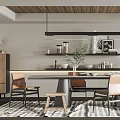 Modern Restaurant Interior With Wooden Ceiling Pendant Lights And Dining Chairs