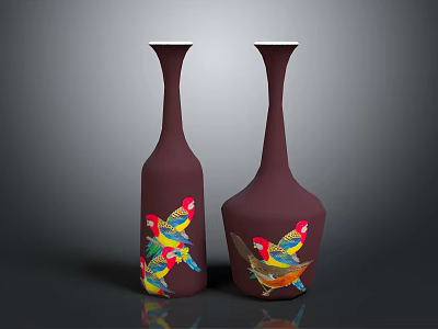 Two Decorative Home Furniture Vases With Maroon Color And Colorful Parrot Patterns 3d model