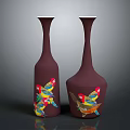 Two Decorative Home Furniture Vases With Maroon Color And Colorful Parrot Patterns