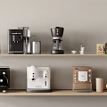 Modern Kitchen Appliances On Wooden Shelves With Different Styles And Colors