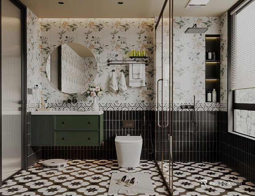 Elegant Bathroom Interior Design With Green Vanity Round Mirror Floral Wallpaper And Patterned Tiles 3d model 