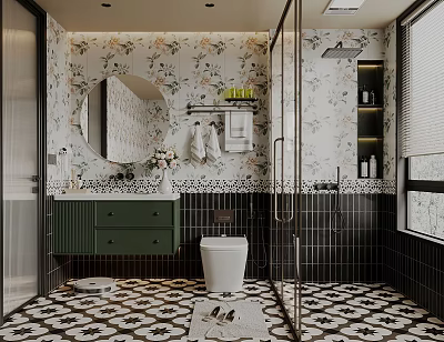 Elegant Bathroom Interior Design With Green Vanity Round Mirror Floral Wallpaper And Patterned Tiles 3d model