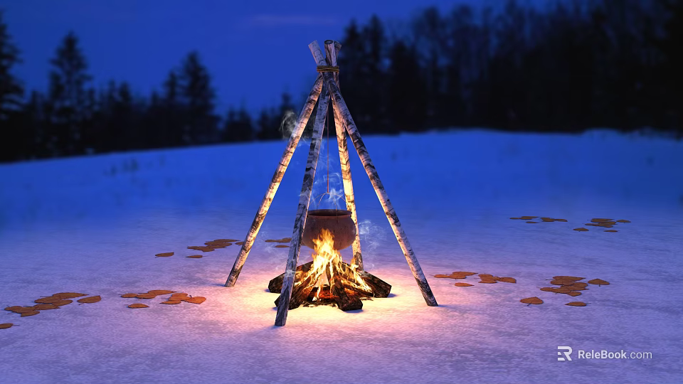 Outdoor Shower Sauna Experience With Bonfire In Snowy Forest Surroundings 3d model 