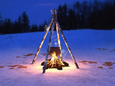 Outdoor Shower Sauna Experience With Bonfire In Snowy Forest Surroundings 3d model